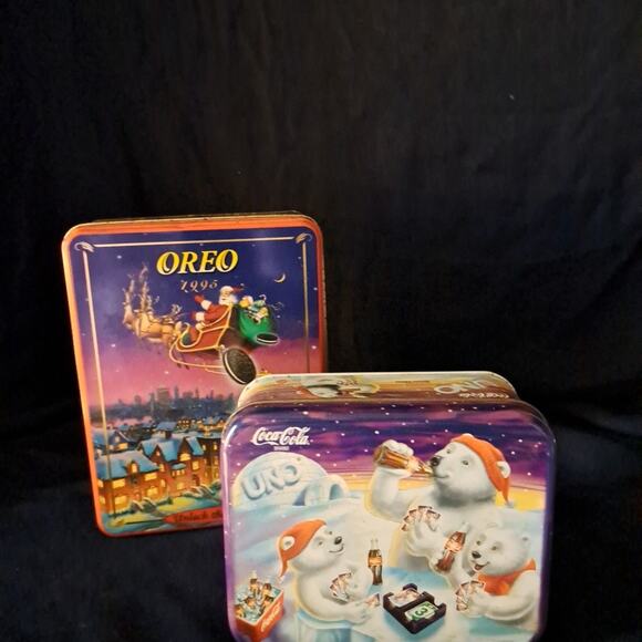 Vintage 1990's Holiday Tins Lot of 2 Coca Cola Bears Uno with Cards & Santa Oreo - Picture 1 of 11